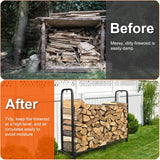 Before and after comparison of firewood storage with a rack.