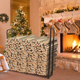 Stack of firewood in a log holder with a Christmas tree and fireplace in the background