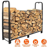 Firewood rack filled with chopped wood, featuring product features on a white background.