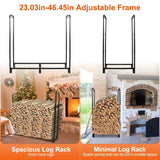 Adjustable log rack with two configurations shown, one for a spacious setup and the other for minimal space, with text indicating adjustable size and features.