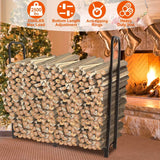 Wooden log holder with logs inside, placed in front of a fireplace with Christmas decorations.