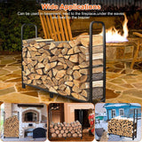 Wooden firewood holder with images of its usage in various settings.
