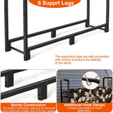 Black metal firewood rack with support legs and additional hook design on a white background.