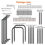 Package list of hardware components including Allen wrench, open end wrench, screws, and metal frames on a white background.