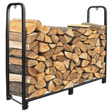 Firewood rack filled with stacked firewood on a white background