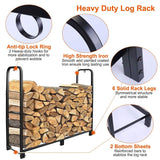 Heavy-duty log rack with features highlighted on a white background