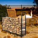 Wooden firewood rack filled with logs next to a fire pit in an outdoor setting.