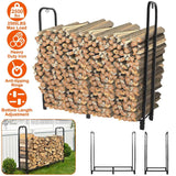Firewood rack with stacked logs, featuring maximum load capacity and features on a white background.