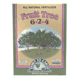 Box of Down to Earth Fruit Tree fertilizer with a scenic illustration on a beige background