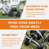 Advertisement for an automatic hose guide system with a man using it outdoors.