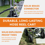Hose reel cart with solid brass connector and durable tires on grass