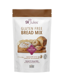A stand-up pouch of GF Jules Gluten Free Bread Mix on a plain white background. The package is white with a brown top seal and brown text, featuring a photo of assorted breads and a purple badge that says 'Now with SOFTER FLAVOR.