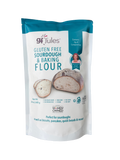 A 24 oz stand-up pouch of Jules Gluten Free Sourdough & Baking Flour, featuring a white and teal design with an image of a rustic sourdough bread loaf.