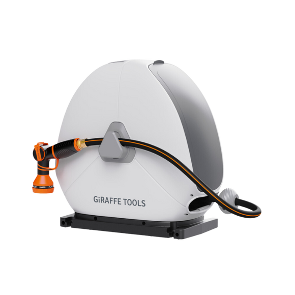 White hose reel with black and orange nozzle, branded 'Giraffe Tools', on a white background