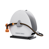 White hose reel with black and orange nozzle, branded 'Giraffe Tools', on a white background