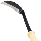 Zenport Clad Moon Weeding Sickle with a curved blade and wooden handle on a white background