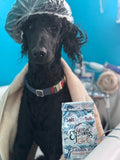 Black dog with a shower cap and towel, holding a product labeled 'Salt for the Tub'.