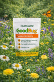 Earthwise GoodBug package in a field of flowers with bees and butterflies.