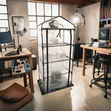 ShroomRoom: Mushroom Grow Tent in a room with wooden desks and computer equipment.