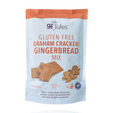 A stand-up pouch of gf Jules Gluten Free Graham Cracker / Gingerbread Mix, featuring a white and orange design with illustrations of gingerbread men and crackers, on a clean white background.
