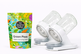 Sprouting device with a package of green peas sprouting seeds on a white background
