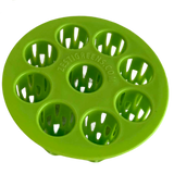 A bright green circular plastic planter stake holder with seven slotted holes, featuring the embossed brand name 'ZESTIGREENS.COM' in the center, shown on a plain white background.