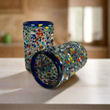 Confetti Pebbled Glass | Blue Rim Hand-Blown Mexican Tumbler