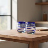 Hand-Blown Mexican Stemless Wine Glass | Cobalt Blue Spiral Design