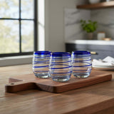 Hand-Blown Mexican Stemless Wine Glass | Cobalt Blue Spiral Design