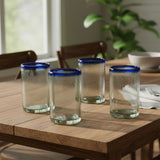 Hand-Blown Mexican Tumbler Glass | Cobalt Blue Rim Design