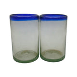 Hand-Blown Mexican Tumbler Glass | Cobalt Blue Rim Design