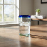 Hand-Blown Mexican Tumbler Glass | Cobalt Blue Rim Design