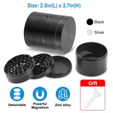 Black metal grinder with detachable parts and magnetic feature, size 2.5in(L) x 2.7in(H), comes with a free tea infuser.