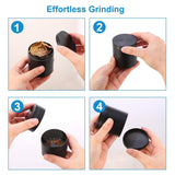 Step-by-step demonstration of using a black handheld grinder with leaves and ground material.
