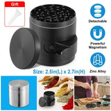 Black herb grinder with features highlighted, including detachable design and powerful magnetism, on a white background.