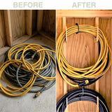 Before and after comparison of coiled garden hoses with a storage solution.
