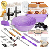 A 94-piece bread proofing and baking tool set arranged on a white background, including a large purple collapsible mixing bowl, two smaller matching bowls, a digital scale, measuring cups, spatulas, scraper, wire hooks, razor blades, a brush, and a box labeled 'The Complete Bread Proofing Basket.'.