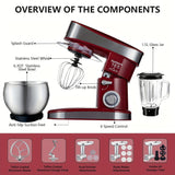 Red stand mixer with labeled components on a white background