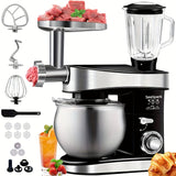 Kitchen stand mixer with attachments and ingredients on a white background