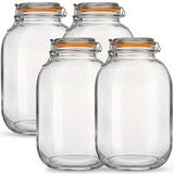 Four clear glass jar canisters with swing-top clamp lids and orange-brown rubber seals, arranged on a white background.