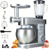 Multifunctional kitchen appliance with attachments and ingredients on a white background