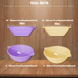 A product comparison graphic showing four silicone proofing baskets on a wood plank background under the heading 'TOOL SETS'. The set includes two purple baskets (one oval 10in and one round 9in) and two pale yellow baskets (one oval 10in and one round 9in), each with dimension lines and text labels.