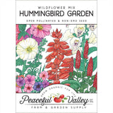 Packaging of Peaceful Valley Farm & Garden Supply's Hummingbird Garden wildflower mix with colorful illustrations of flowers.