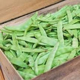 Heirloom Organic Roma 2 Bush Beans in a wooden box on a wooden surface