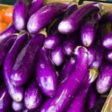 Purple eggplants in a box with tomatoes in the background