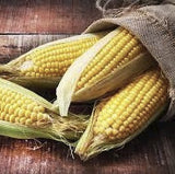 Organic Early Sunglow Sweet Corn  in a burlap bag on a wooden surface