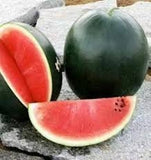 Two Heirloom Organic Black Diamond Watermelo, one whole and one sliced, on a stone surface.
