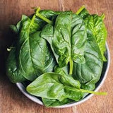 Bowl of fresh Heirloom Organic Giant Noble Spinach leaves on a wooden surface
