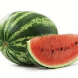 Whole and sliced Organic Heirloom Crimson Sweet Watermelon on a white background
