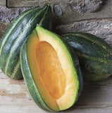 Half-cut RARE Heirloom Organic Bidwell Casaba Melon on a wooden surface with a stone background